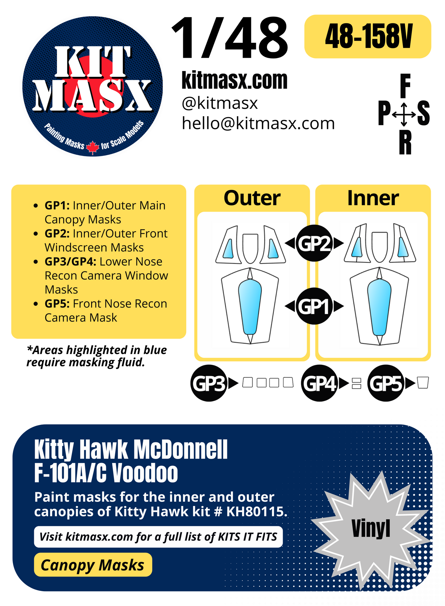 Kitty Hawk McDonnell F-101A/C Voodoo 1/48 Canopy Paint Masks, Kit # KH80115