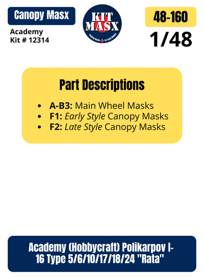 Academy (Hobbycraft) Polikarpov I-16 Type 5/6/10/17/18/24 "Rata" 1/48 Canopy & Wheel Paint Masks, Kit # 12314 (48160)