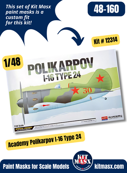 Academy (Hobbycraft) Polikarpov I-16 Type 5/6/10/17/18/24 "Rata" 1/48 Canopy & Wheel Paint Masks, Kit # 12314