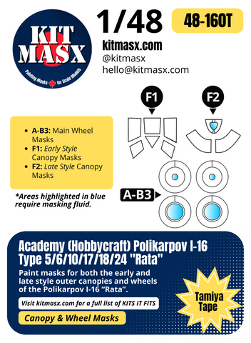 Academy (Hobbycraft) Polikarpov I-16 Type 5/6/10/17/18/24 "Rata" 1/48 Canopy & Wheel Paint Masks, Kit # 12314