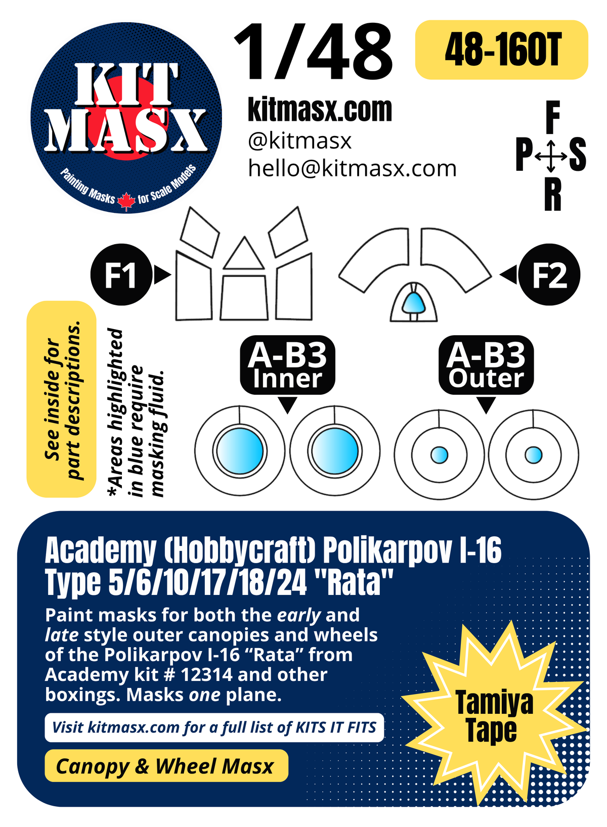 Academy (Hobbycraft) Polikarpov I-16 Type 5/6/10/17/18/24 "Rata" 1/48 Canopy & Wheel Paint Masks, Kit # 12314 (48160)
