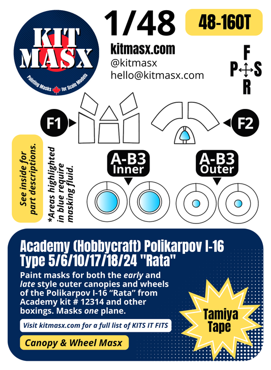 Academy (Hobbycraft) Polikarpov I-16 Type 5/6/10/17/18/24 "Rata" 1/48 Canopy & Wheel Paint Masks, Kit # 12314 (48160)