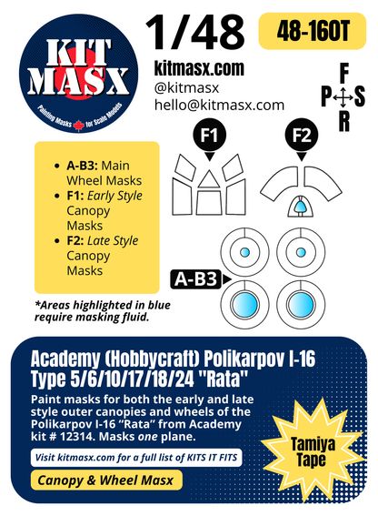 Academy (Hobbycraft) Polikarpov I-16 Type 5/6/10/17/18/24 "Rata" 1/48 Canopy & Wheel Paint Masks, Kit # 12314