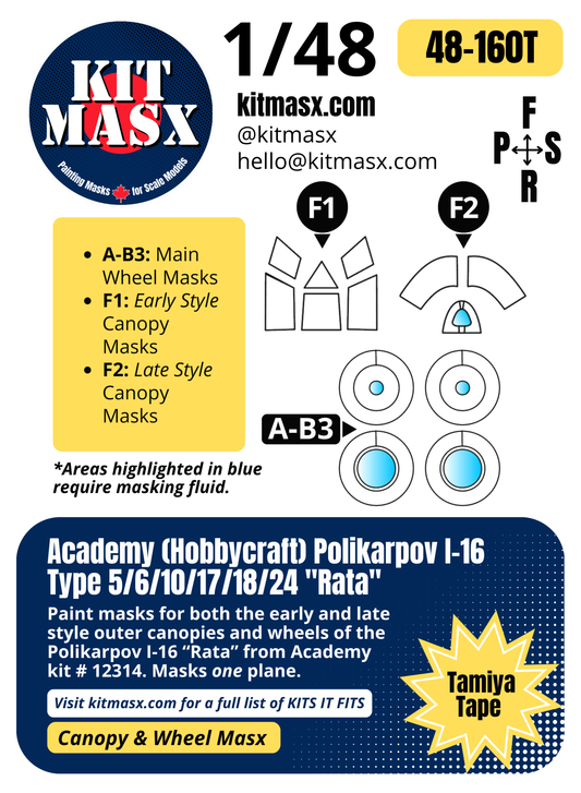 Academy (Hobbycraft) Polikarpov I-16 Type 5/6/10/17/18/24 "Rata" 1/48 Canopy & Wheel Paint Masks, Kit # 12314