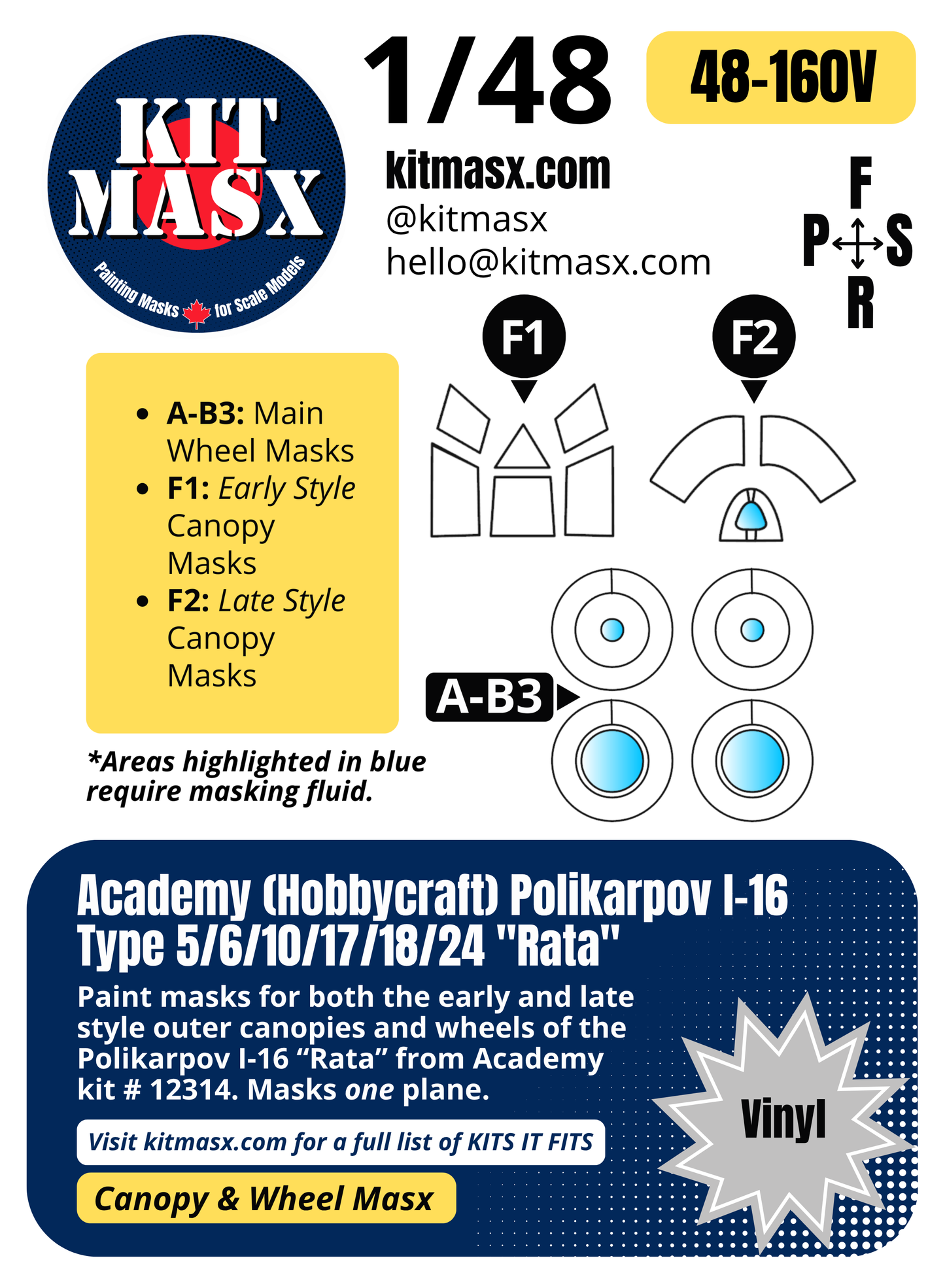 Academy (Hobbycraft) Polikarpov I-16 Type 5/6/10/17/18/24 "Rata" 1/48 Canopy & Wheel Paint Masks, Kit # 12314