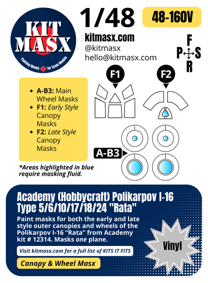 Academy (Hobbycraft) Polikarpov I-16 Type 5/6/10/17/18/24 "Rata" 1/48 Canopy & Wheel Paint Masks, Kit # 12314