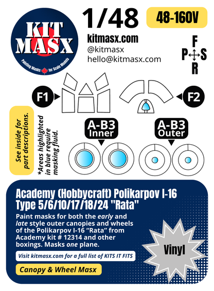 Academy (Hobbycraft) Polikarpov I-16 Type 5/6/10/17/18/24 "Rata" 1/48 Canopy & Wheel Paint Masks, Kit # 12314 (48160)