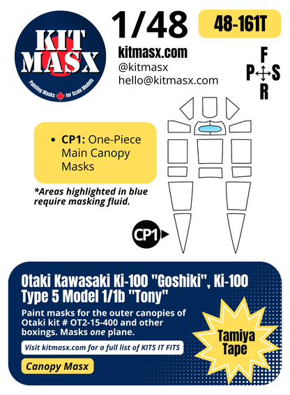 Otaki Kawasaki Ki-100 "Goshiki", Ki-100 Type 5 Model 1/1b "Tony" 1/48 Canopy Paint Masks, Kit # OT2-15-400