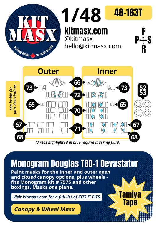Monogram Douglas TBD-1 Devastator 1/48 Canopy & Wheel Paint Masks, Kit # 7575 (48163)