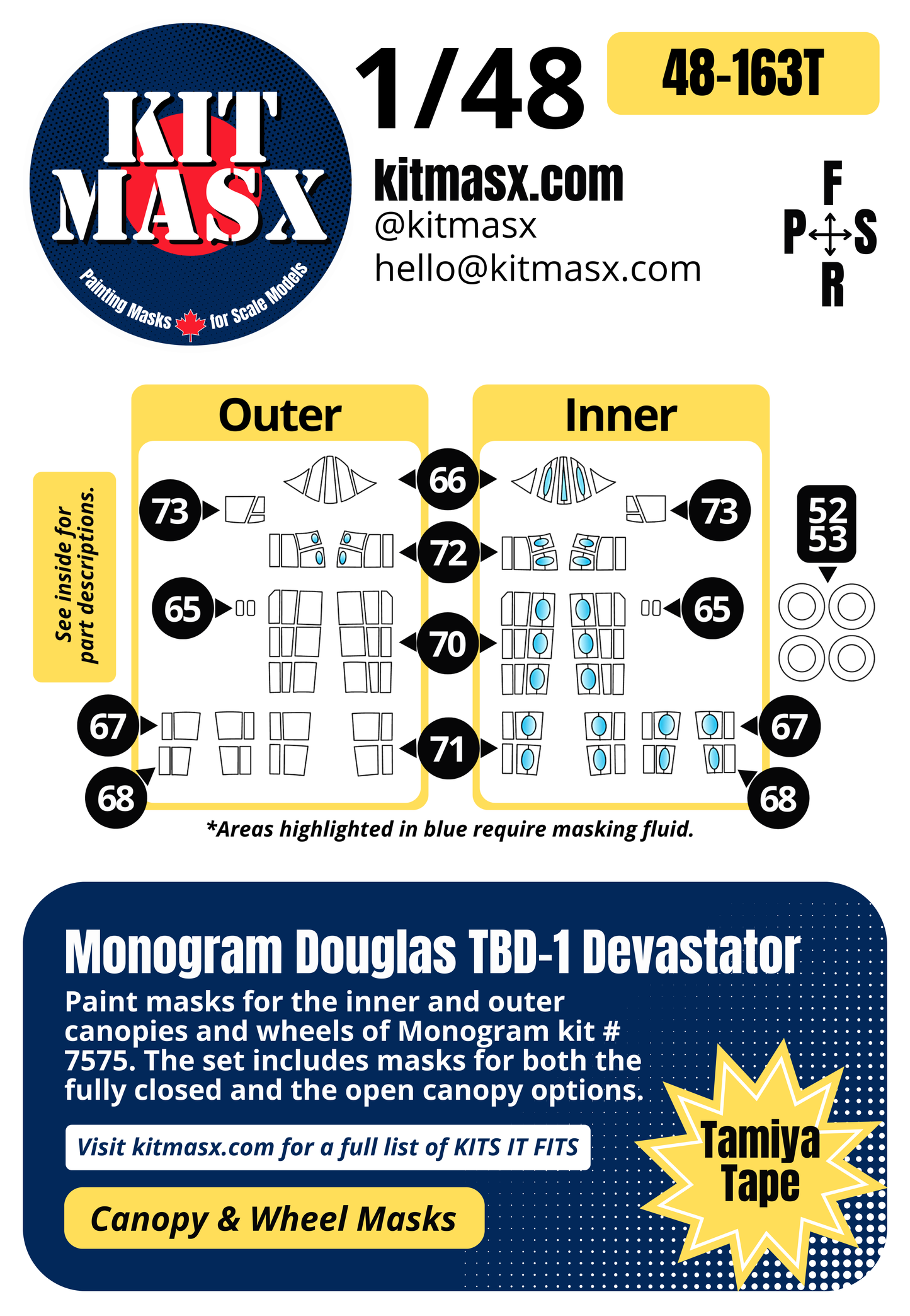 Monogram Douglas TBD-1 Devastator 1/48 Canopy & Wheel Paint Masks, Kit # 7575
