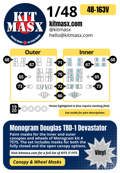 Monogram Douglas TBD-1 Devastator 1/48 Canopy & Wheel Paint Masks, Kit # 7575