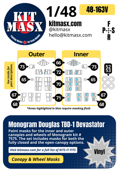 Monogram Douglas TBD-1 Devastator 1/48 Canopy & Wheel Paint Masks, Kit # 7575