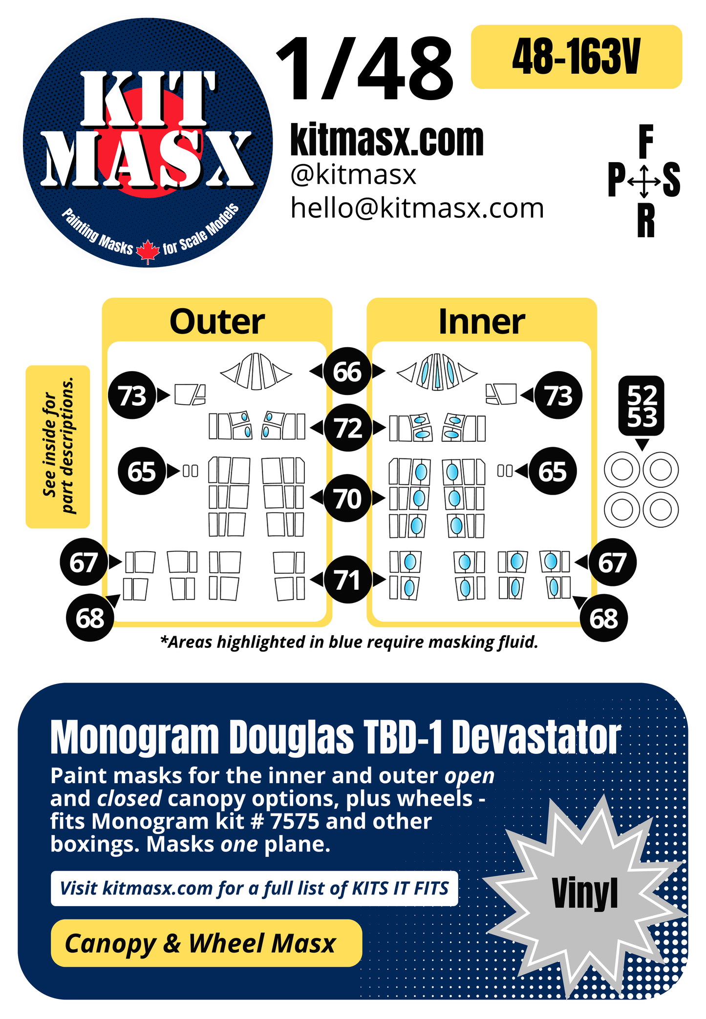 Monogram Douglas TBD-1 Devastator 1/48 Canopy & Wheel Paint Masks, Kit # 7575 (48163)
