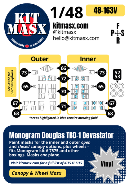 Monogram Douglas TBD-1 Devastator 1/48 Canopy & Wheel Paint Masks, Kit # 7575 (48163)