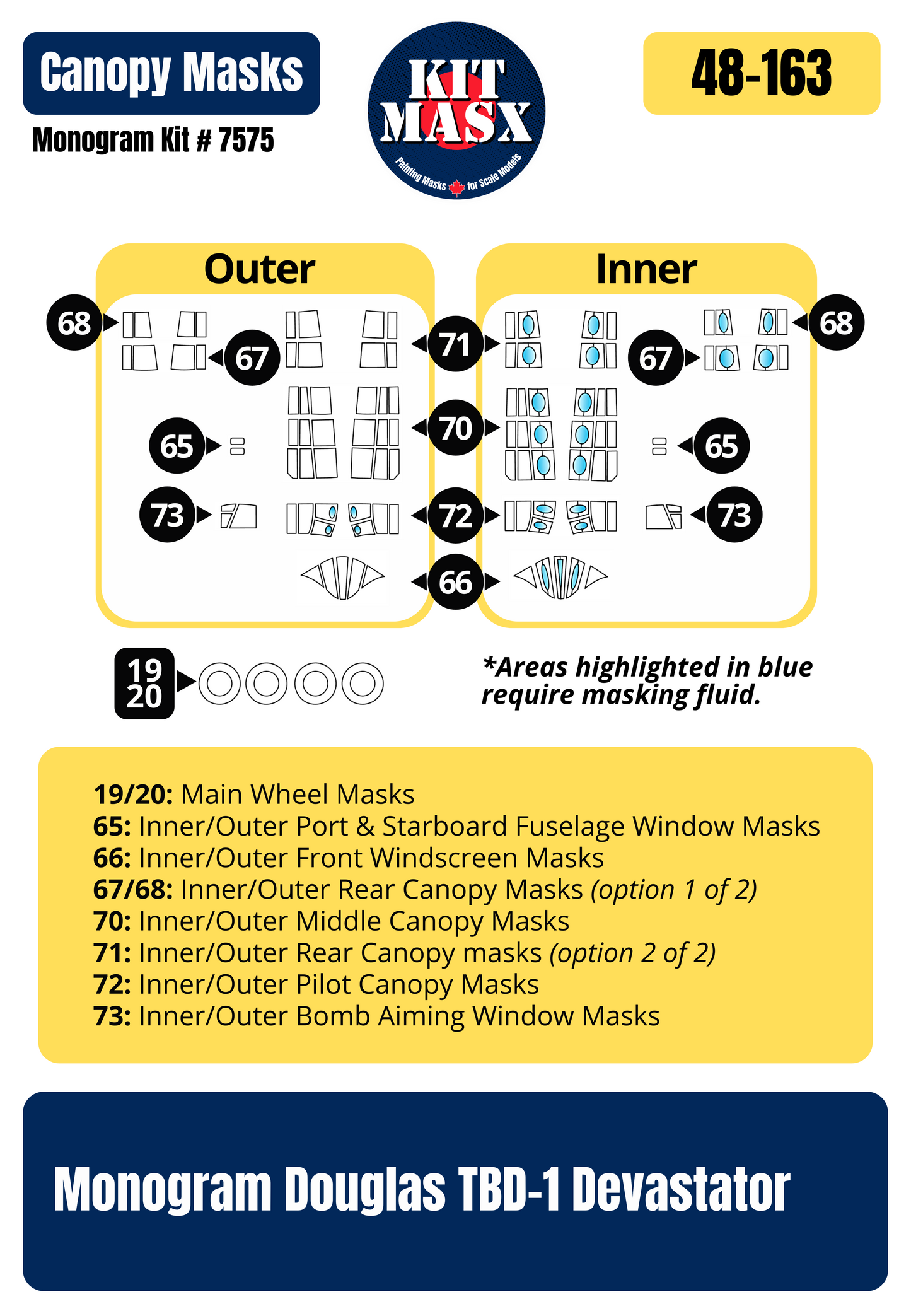 Monogram Douglas TBD-1 Devastator 1/48 Canopy & Wheel Paint Masks, Kit # 7575