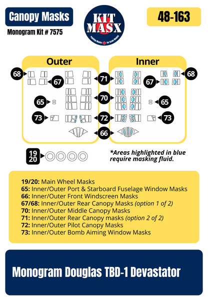 Monogram Douglas TBD-1 Devastator 1/48 Canopy & Wheel Paint Masks, Kit # 7575