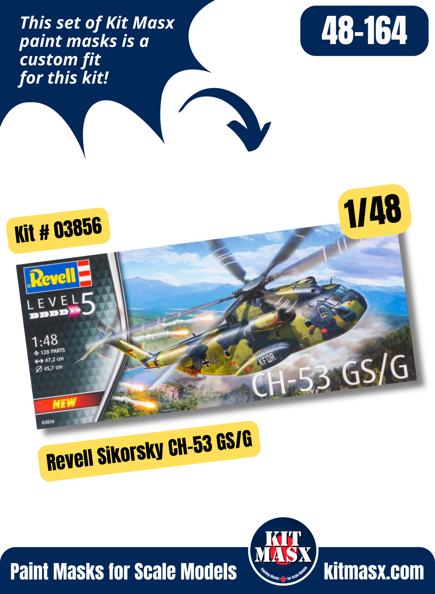 Revell Sikorsky CH-53 G, CH-53 GA, CH-53 GS/G, HH-53C 1/48 Canopy & Wheel Paint Masks, Kit # 03856