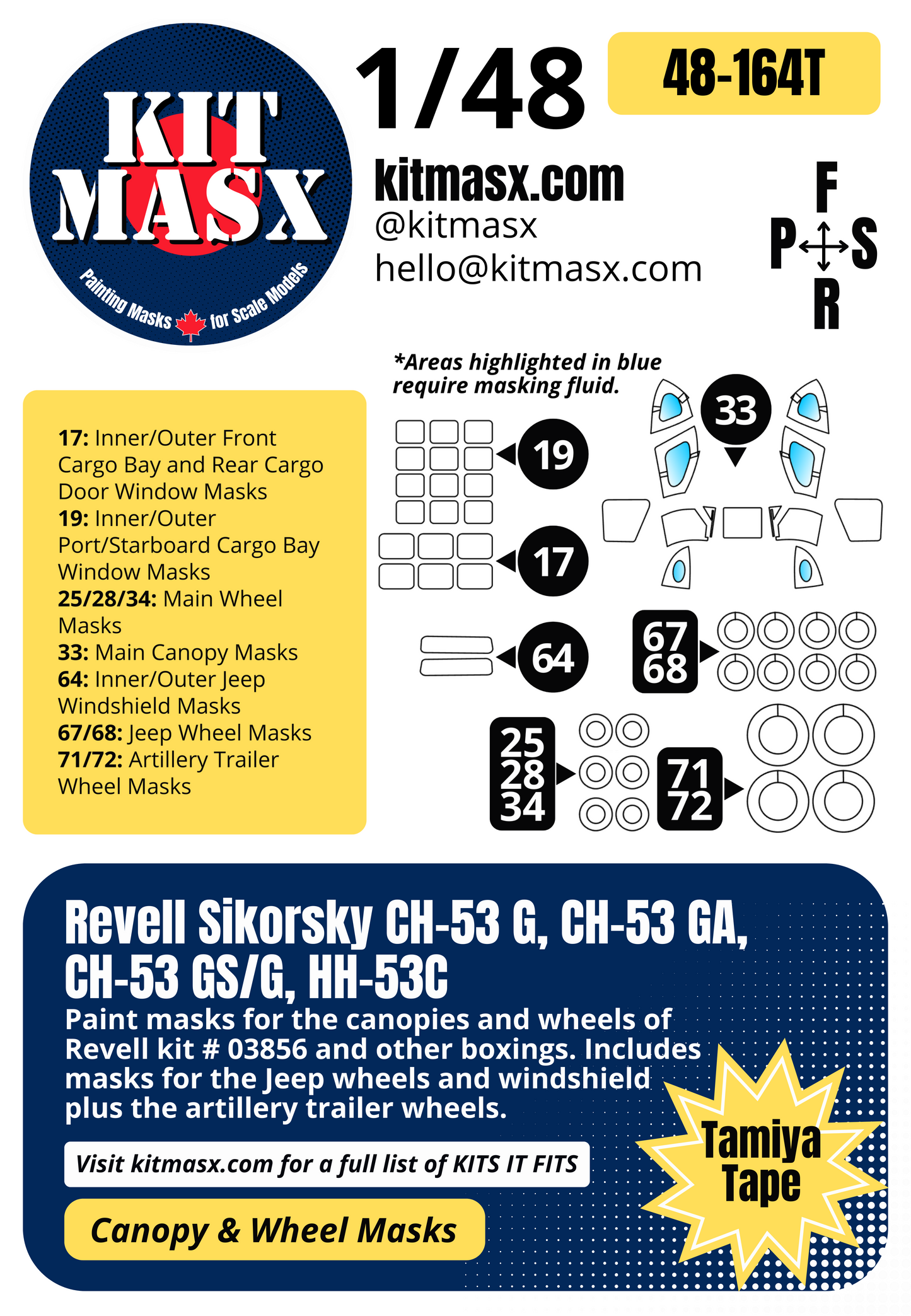 Revell Sikorsky CH-53 G, CH-53 GA, CH-53 GS/G, HH-53C 1/48 Canopy & Wheel Paint Masks, Kit # 03856