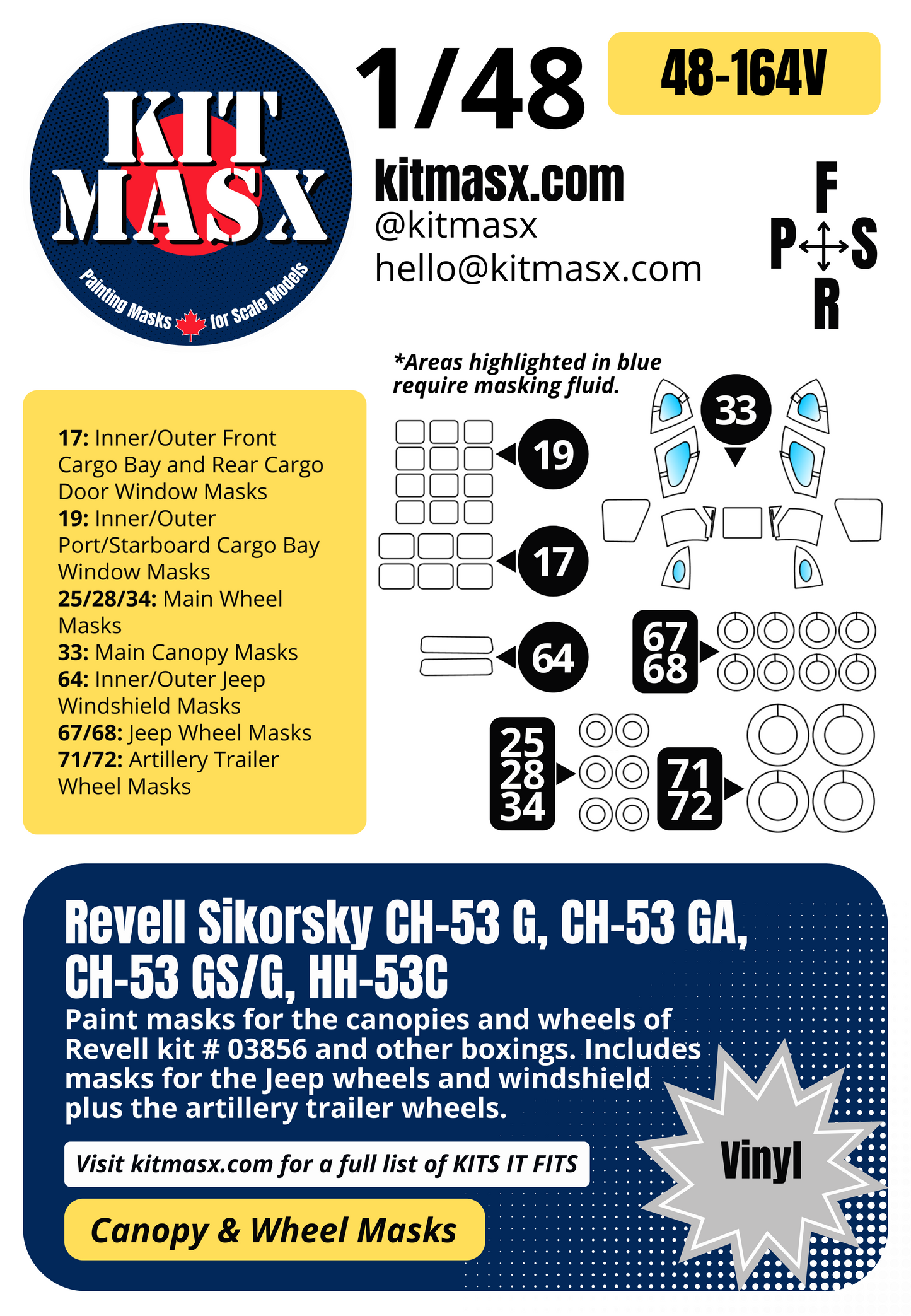 Revell Sikorsky CH-53 G, CH-53 GA, CH-53 GS/G, HH-53C 1/48 Canopy & Wheel Paint Masks, Kit # 03856