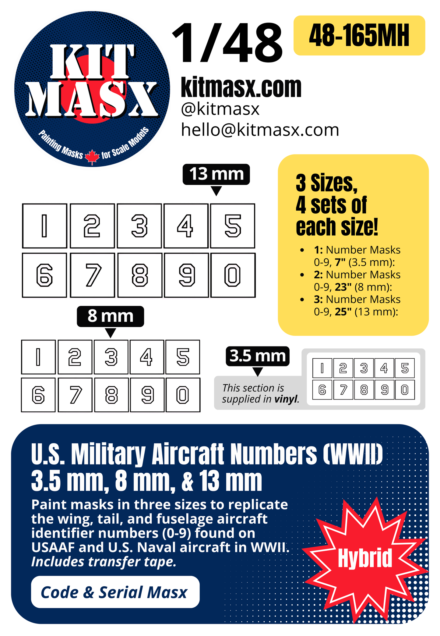 U.S. Military Aircraft Numbers (WWII) 3.5 mm, 8 mm, & 13 mm 1/48 Code & Serial Paint Masks