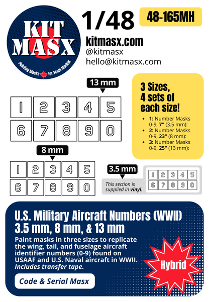 U.S. Military Aircraft Numbers (WWII) 3.5 mm, 8 mm, & 13 mm 1/48 Code & Serial Paint Masks