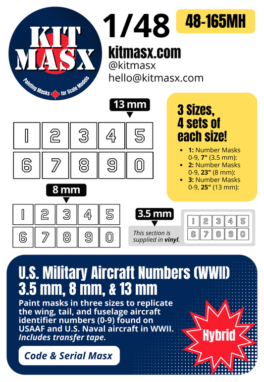 U.S. Military Aircraft Numbers (WWII) 3.5 mm, 8 mm, & 13 mm 1/48 Code & Serial Paint Masks