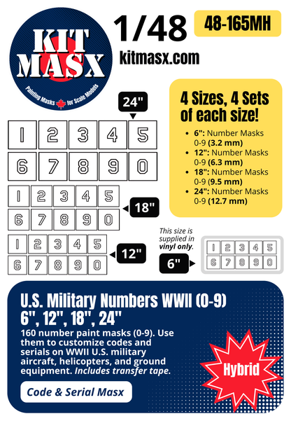 U.S. Military Numbers WWII (0-9) 6-inch, 12-inch, 18-inch, 24-inch 1/48 Code & Serial Paint Masks (48165M)