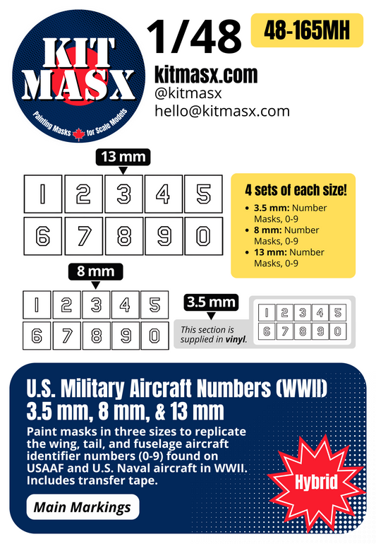 U.S. Military Aircraft Numbers (WWII) 3.5 mm, 8 mm, & 13 mm 1/48 Main Marking Paint Masks