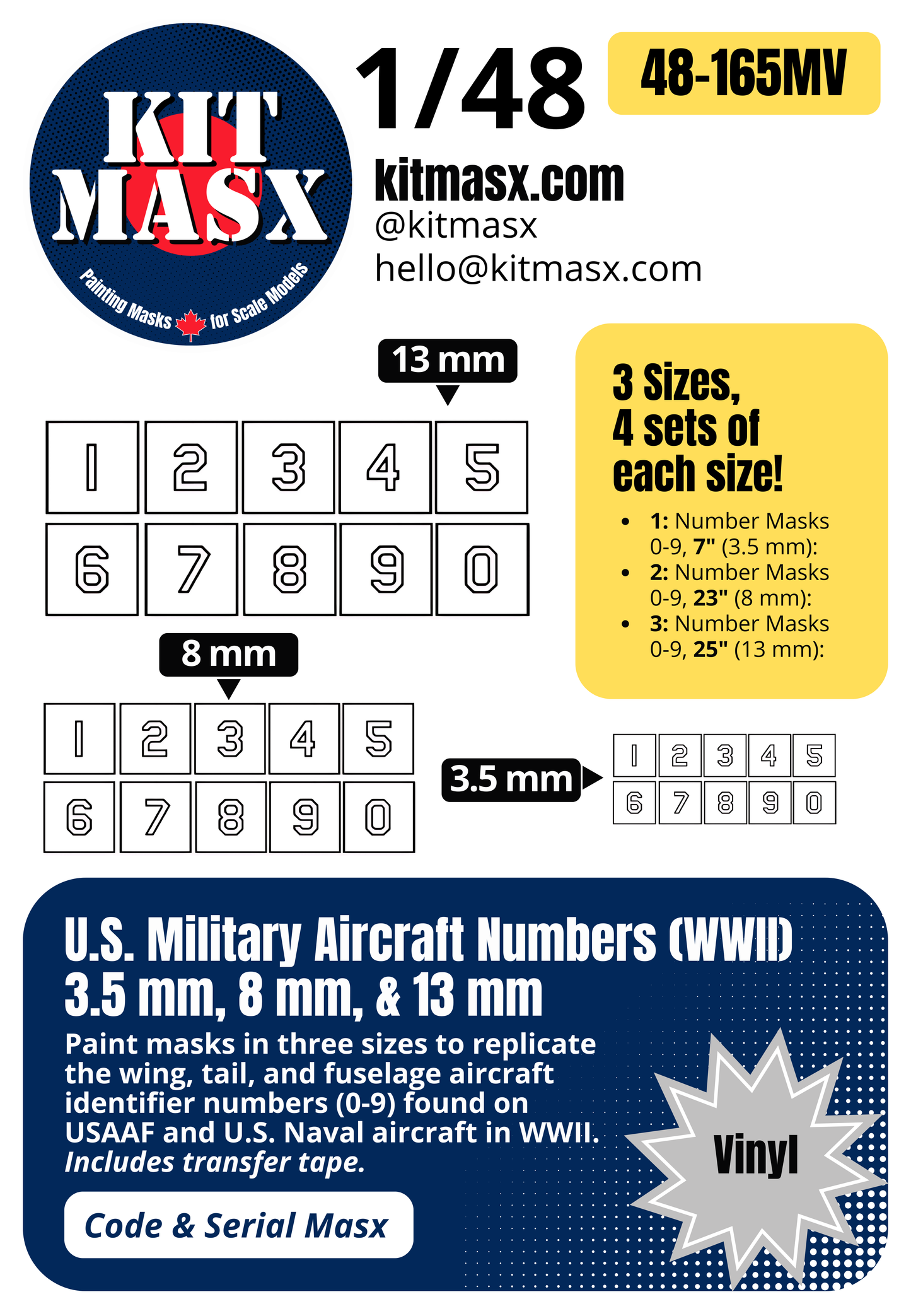 U.S. Military Aircraft Numbers (WWII) 3.5 mm, 8 mm, & 13 mm 1/48 Code & Serial Paint Masks