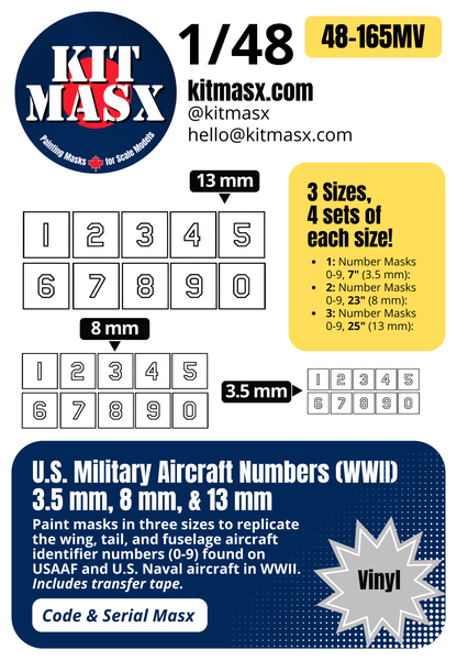 U.S. Military Aircraft Numbers (WWII) 3.5 mm, 8 mm, & 13 mm 1/48 Code & Serial Paint Masks