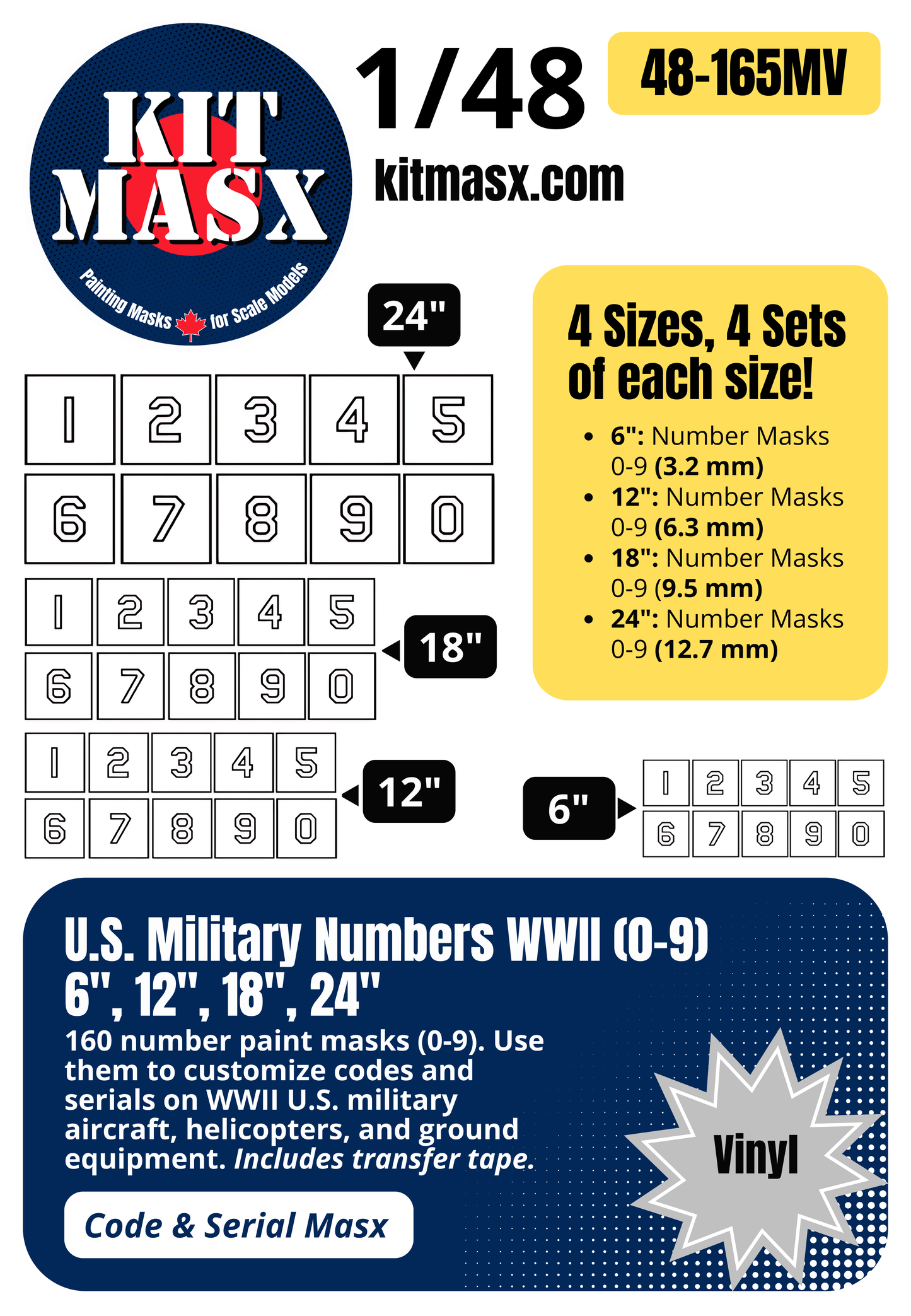 U.S. Military Numbers WWII (0-9) 6-inch, 12-inch, 18-inch, 24-inch 1/48 Code & Serial Paint Masks (48165M)