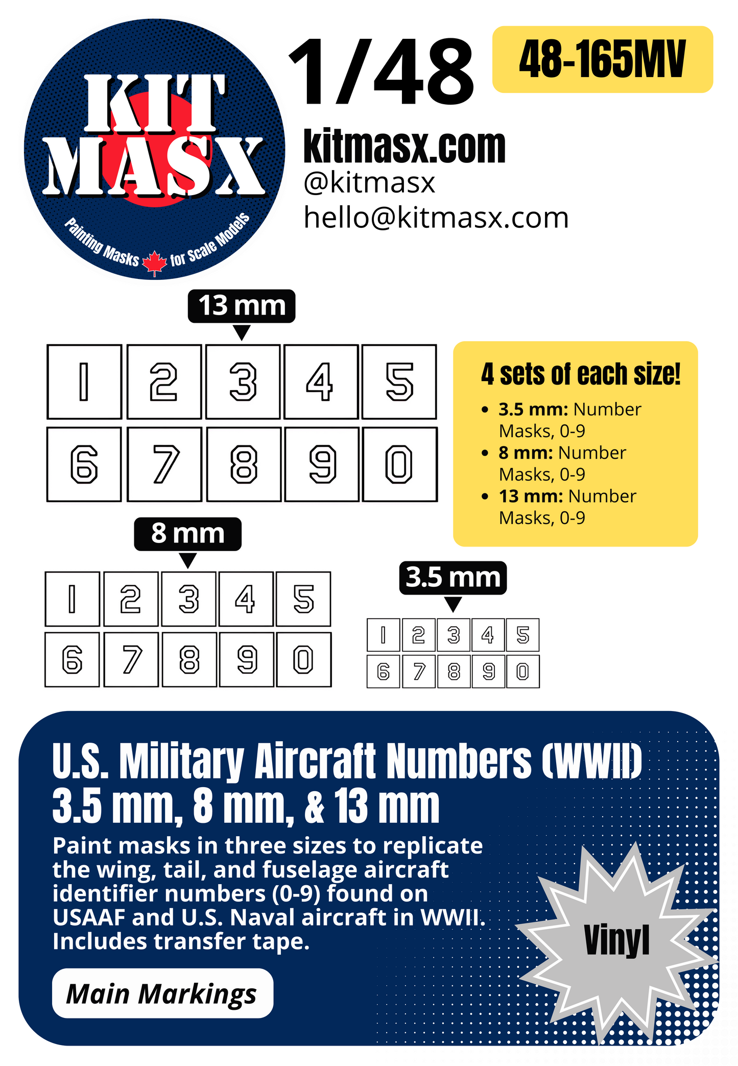 U.S. Military Aircraft Numbers (WWII) 3.5 mm, 8 mm, & 13 mm 1/48 Main Marking Paint Masks