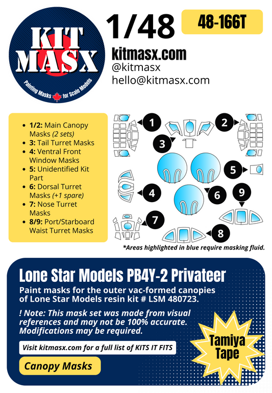 Lone Star Models PB4Y-2 Privateer 1/48 Canopy Paint Masks, Kit # LSM 480723