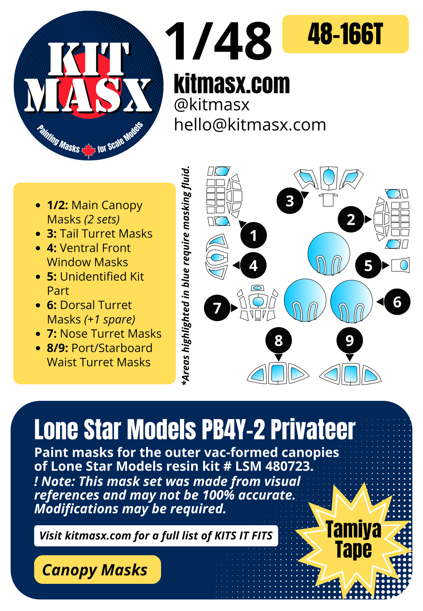 Lone Star Models PB4Y-2 Privateer 1/48 Canopy Paint Masks, Kit # LSM 480723