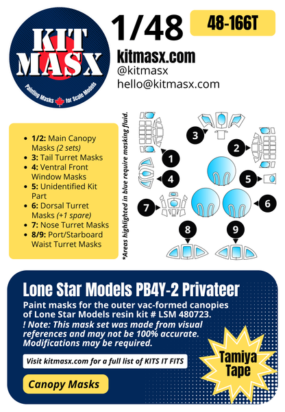 Lone Star Models PB4Y-2 Privateer 1/48 Canopy Paint Masks, Kit # LSM 480723