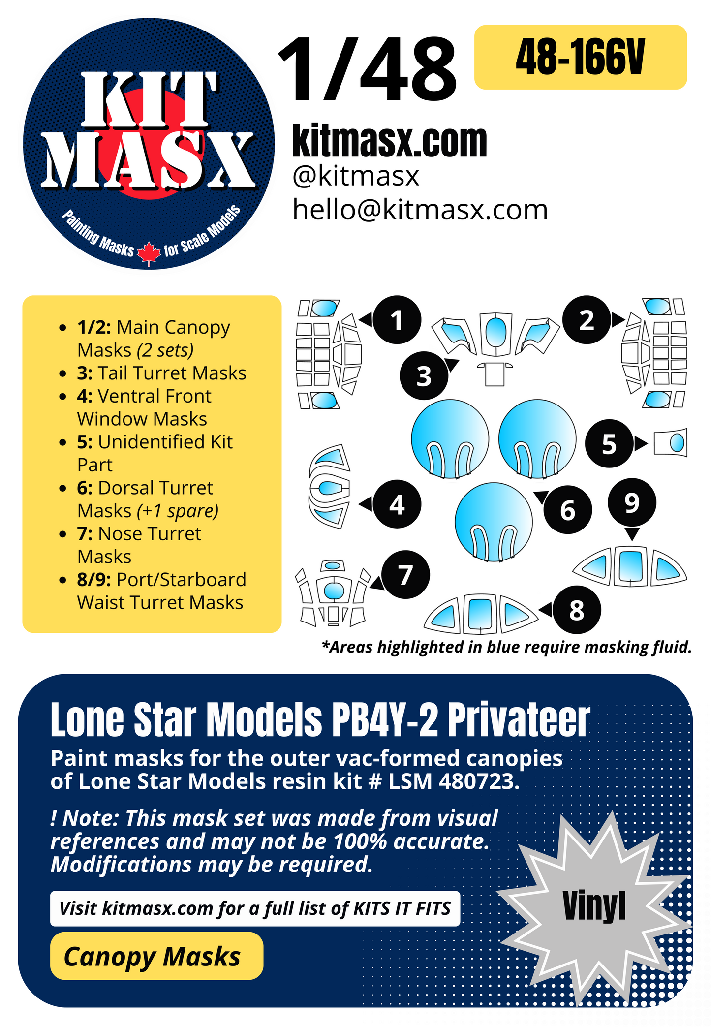 Lone Star Models PB4Y-2 Privateer 1/48 Canopy Paint Masks, Kit # LSM 480723