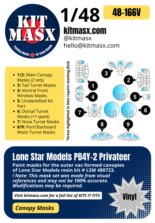 Lone Star Models PB4Y-2 Privateer 1/48 Canopy Paint Masks, Kit # LSM 480723