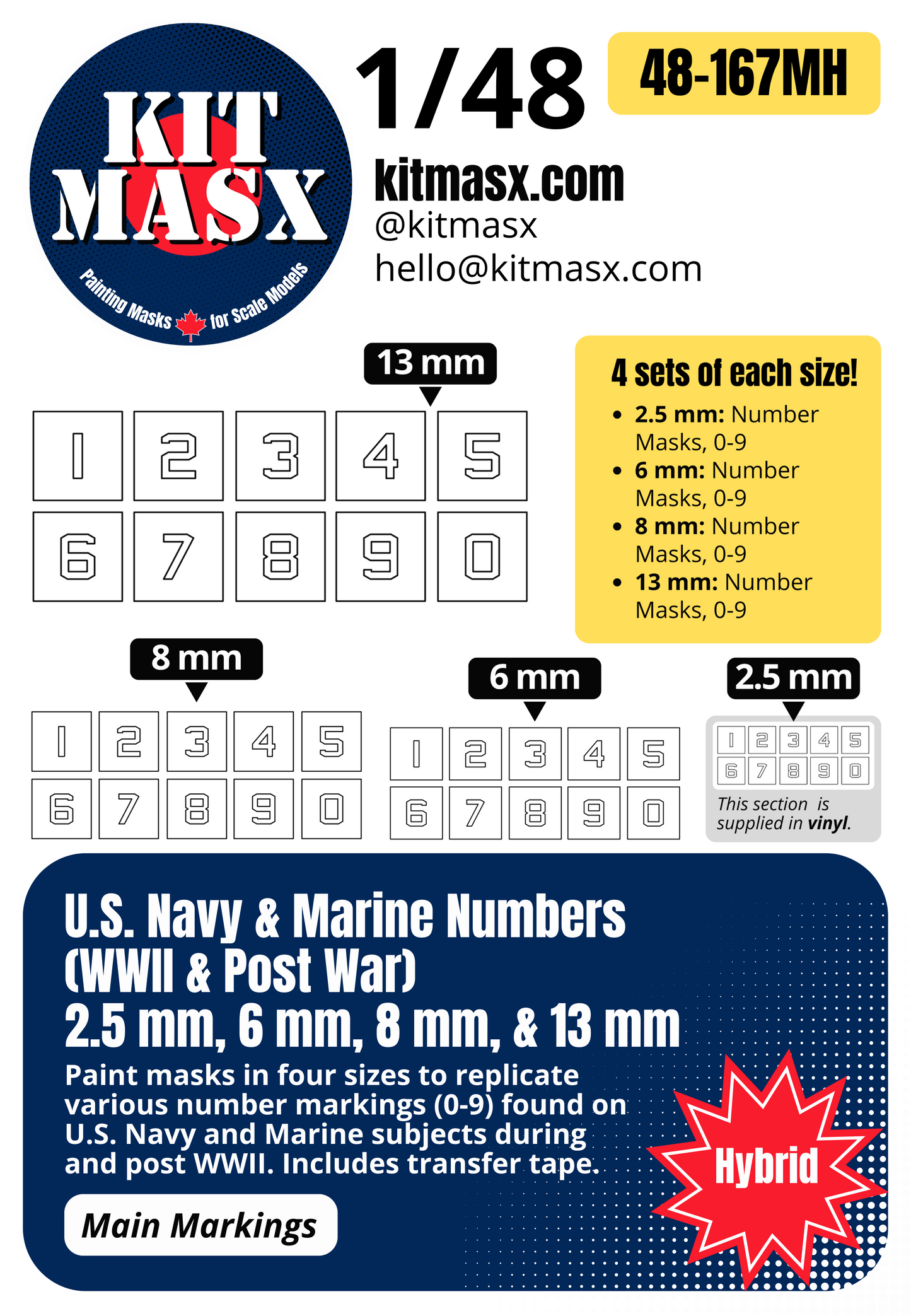 U.S. Navy & Marine Numbers (WWII & Post War) 2.5 mm, 6 mm, 8 mm, & 13 mm 1/48 Main Marking Paint Masks