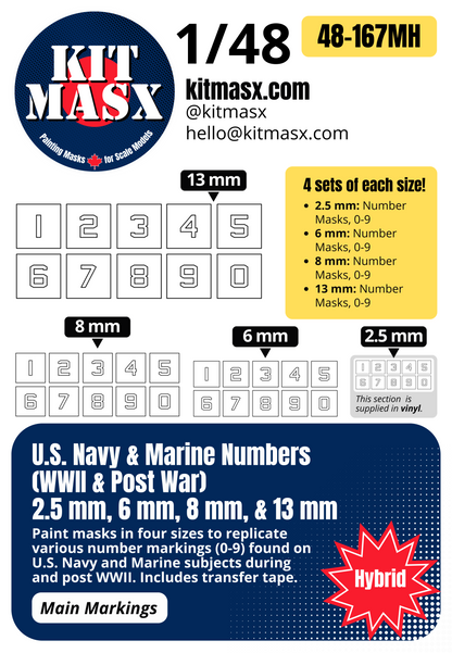 U.S. Navy & Marine Numbers (WWII & Post War) 2.5 mm, 6 mm, 8 mm, & 13 mm 1/48 Main Marking Paint Masks
