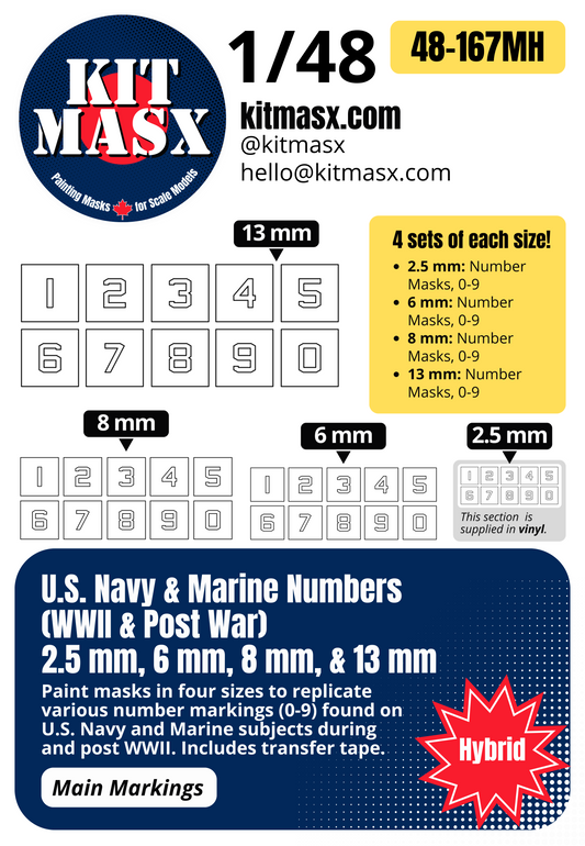 U.S. Navy & Marine Numbers (WWII & Post War) 2.5 mm, 6 mm, 8 mm, & 13 mm 1/48 Main Marking Paint Masks