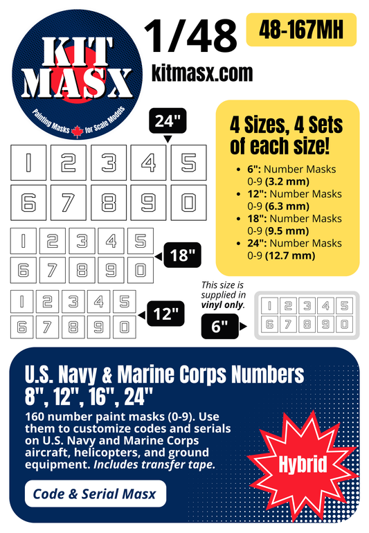 U.S. Navy & Marine Corps Numbers (0-9) 6-inch, 12-inch, 18-inch, 24-inch 1/48 Code & Serial Paint Masks (48167M)