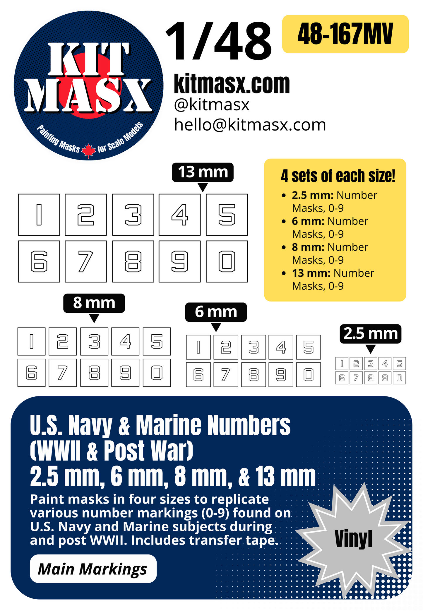 U.S. Navy & Marine Numbers (WWII & Post War) 2.5 mm, 6 mm, 8 mm, & 13 mm 1/48 Main Marking Paint Masks