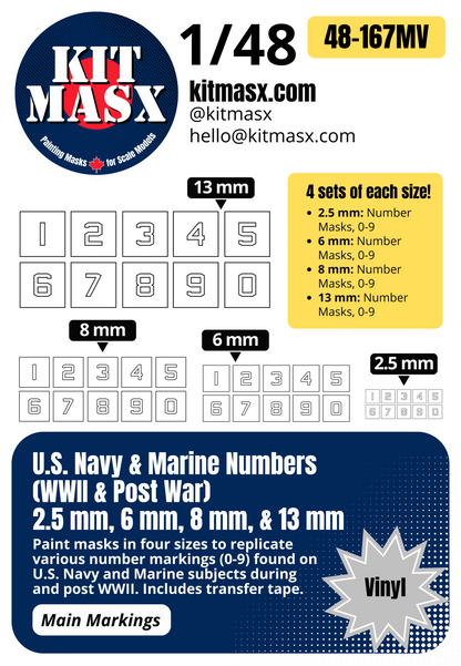 U.S. Navy & Marine Numbers (WWII & Post War) 2.5 mm, 6 mm, 8 mm, & 13 mm 1/48 Main Marking Paint Masks
