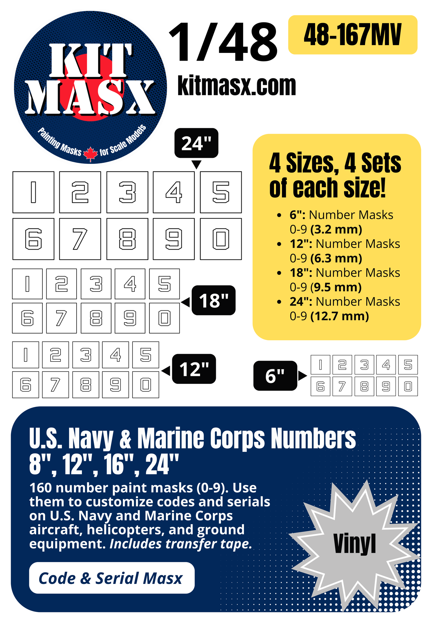 U.S. Navy & Marine Corps Numbers (0-9) 6-inch, 12-inch, 18-inch, 24-inch 1/48 Code & Serial Paint Masks (48167M)