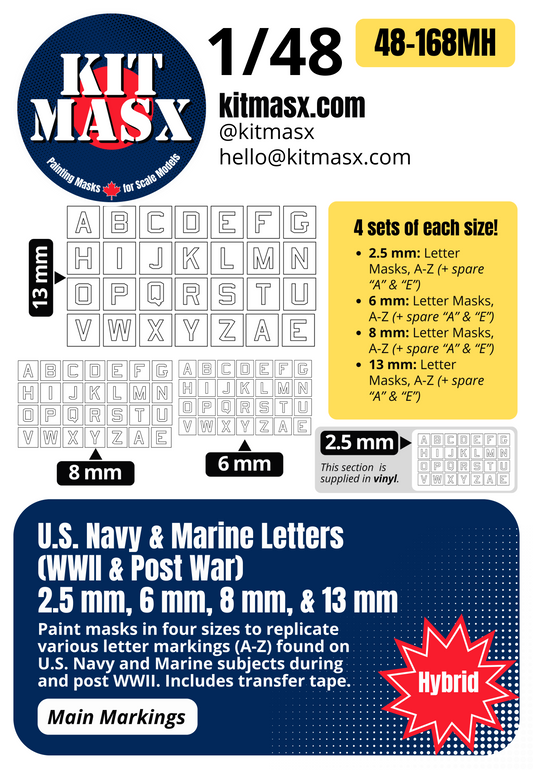 U.S. Navy & Marine Letters (WWII & Post War) 2.5 mm, 6 mm, 8 mm, & 13 mm 1/48 Main Marking Paint Masks