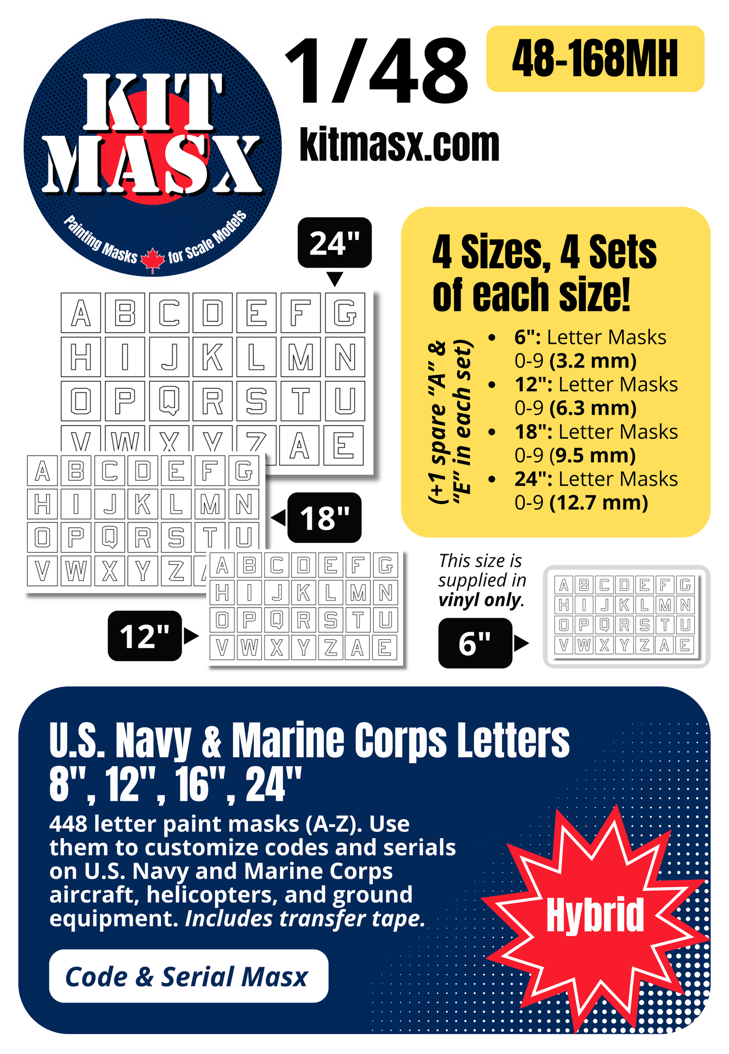 U.S. Navy & Marine Corps Letters (A-Z) 6-inch, 12-inch, 18-inch, 24-inch 1/48 Code & Serial Paint Masks (48168M)