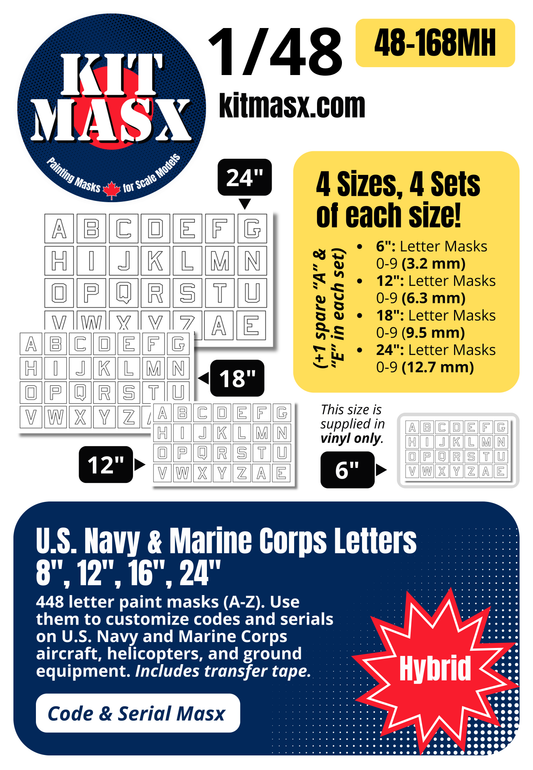 U.S. Navy & Marine Corps Letters (A-Z) 6-inch, 12-inch, 18-inch, 24-inch 1/48 Code & Serial Paint Masks (48168M)