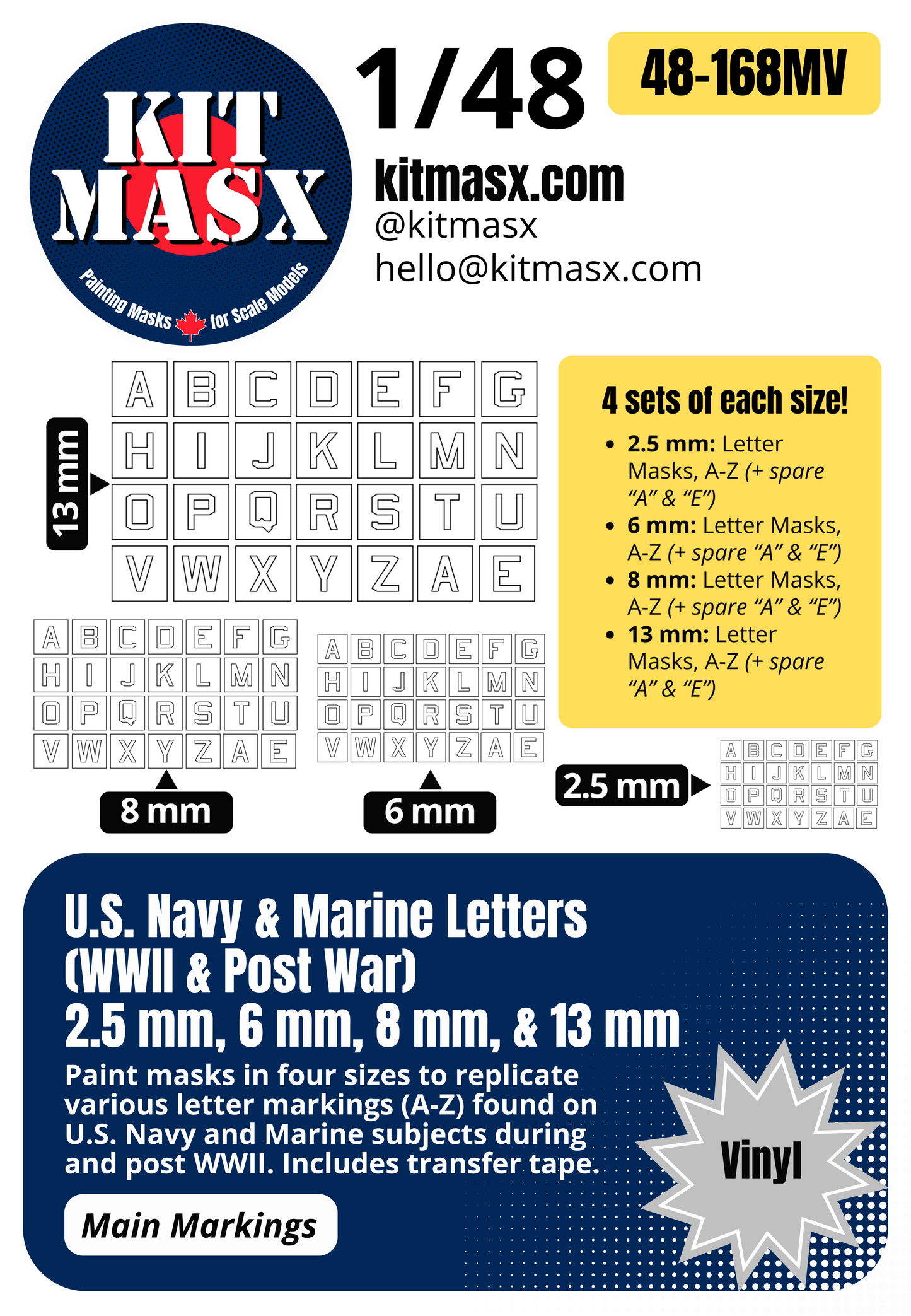 U.S. Navy & Marine Letters (WWII & Post War) 2.5 mm, 6 mm, 8 mm, & 13 mm 1/48 Main Marking Paint Masks