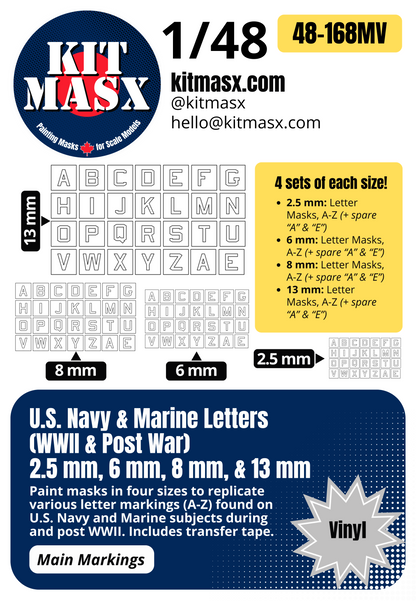 U.S. Navy & Marine Letters (WWII & Post War) 2.5 mm, 6 mm, 8 mm, & 13 mm 1/48 Main Marking Paint Masks