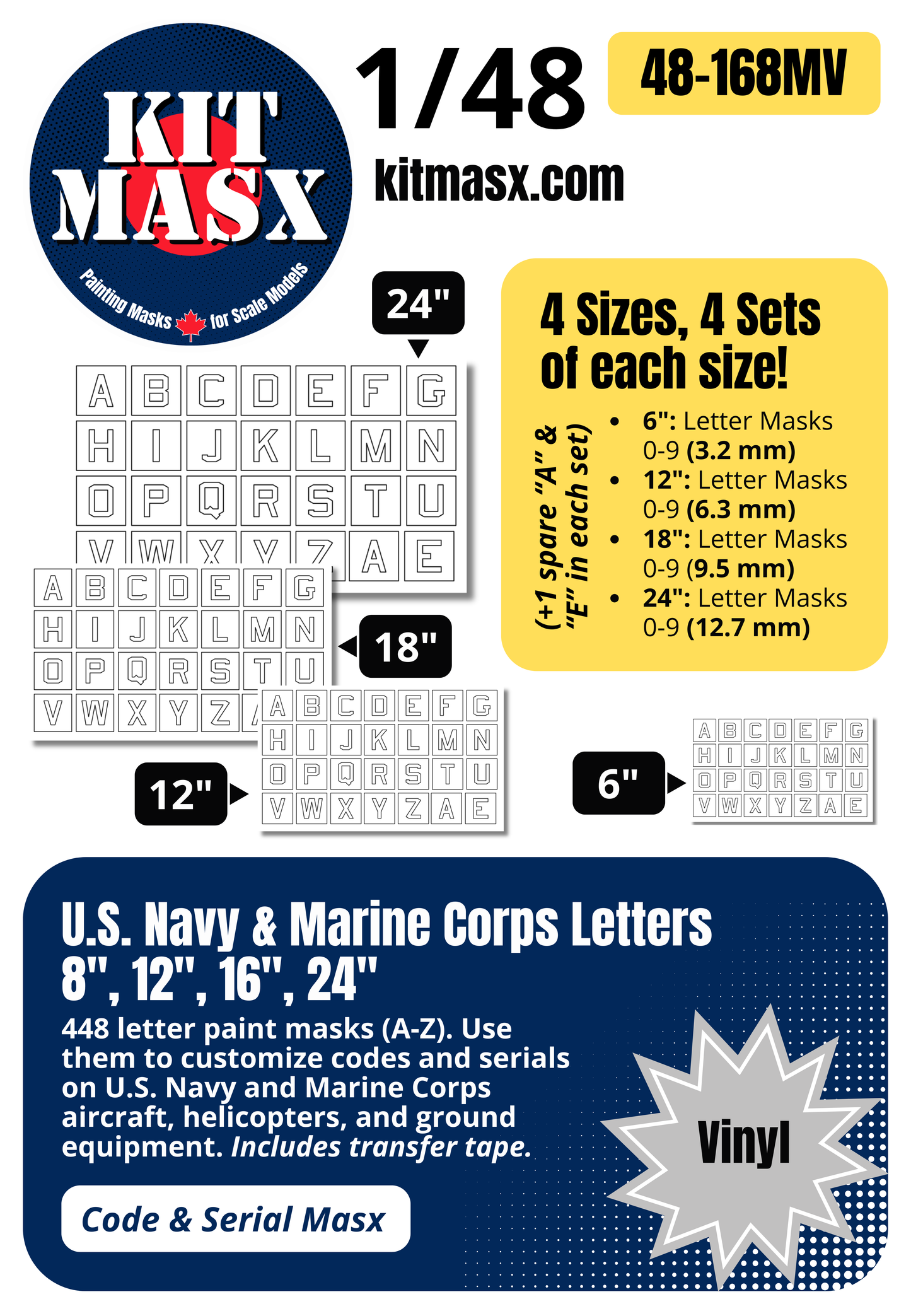 U.S. Navy & Marine Corps Letters (A-Z) 6-inch, 12-inch, 18-inch, 24-inch 1/48 Code & Serial Paint Masks (48168M)